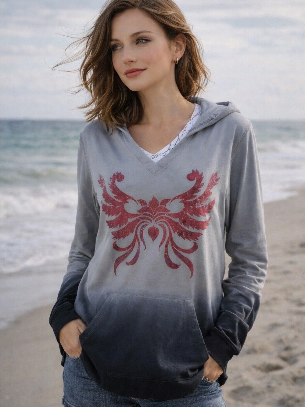 Crazy Shirts Long Sleeve Hoodie Ombré V Neck Lotus Print Tee Size Medium